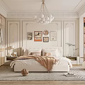 Elegant Modern Bedroom Interior With Plush Bed Pillows Blanket Decorative Paintings Chandelier And Rug