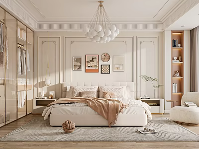 Elegant Modern Bedroom Interior With Plush Bed Pillows Blanket Decorative Paintings Chandelier And Rug 3d model