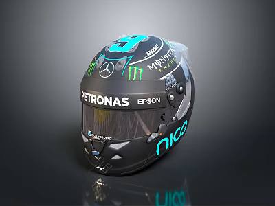 Black Racing Helmet With Mercedes Monster Energy Petronas EPSON And Nico Branding 3d model