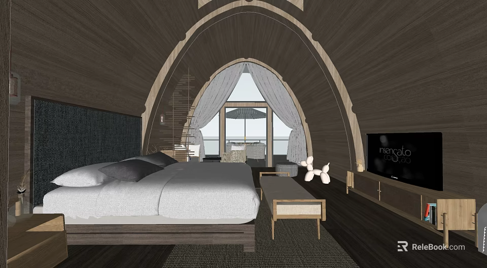 Hotel Guest Room With Arched Wooden Ceiling King Bed White Linens And Balcony View 3d model 