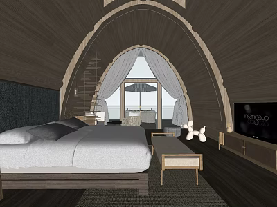Hotel Guest Room With Arched Wooden Ceiling King Bed White Linens And Balcony View 3d model