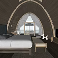Hotel Guest Room With Arched Wooden Ceiling King Bed White Linens And Balcony View