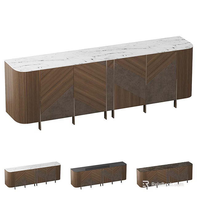 Modern Wooden Sideboard With Marble Top And Geometric Panel Design Featuring Metal Legs 3d model 