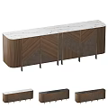 Modern Wooden Sideboard With Marble Top And Geometric Panel Design Featuring Metal Legs