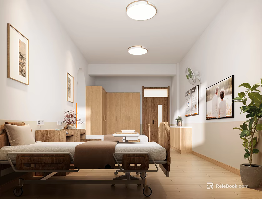 Modern Hospital Ward Interior With Medical Bed Bedside Table Cabinet Paintings Plant And Warm Lighting 3d model 