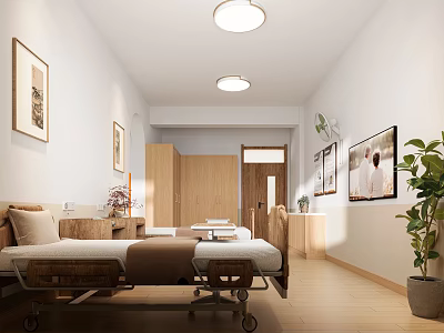 Modern Hospital Ward Interior With Medical Bed Bedside Table Cabinet Paintings Plant And Warm Lighting 3d model