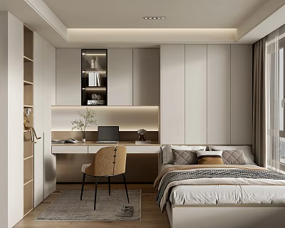 Tatami Bedroom with Modern Design and Minimalist Style Desk Laptop Green Plant and Storage Cabinets 3d model