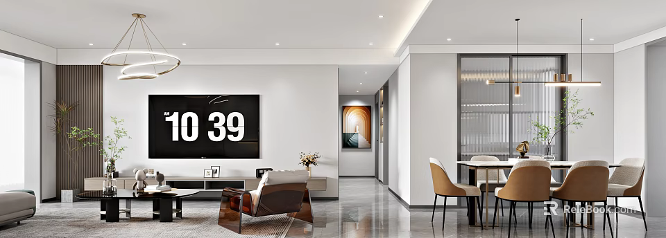 Modern Living Dining Room Interior With Large TV Sofa Dining Table And Chairs 3d model