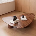 Modern Walnut Coffee Table With Unique Irregular Shape And Decorative Items On Top 3d model