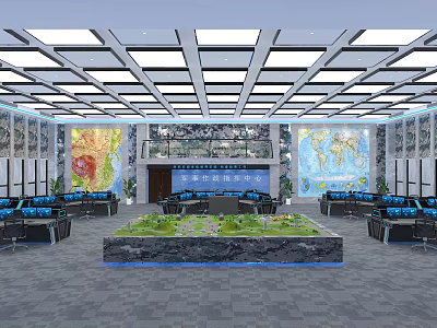 Modern Control Room Interior With Multiple Monitors Control Desks And World Maps 3d model