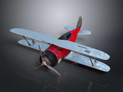 3D Model Red Biplane With Silver Wings And Propeller On Dark Background 3d model
