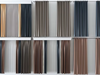 Various Color Fabric Curtains in Modern Design Hanging on Display Shelves 3d model