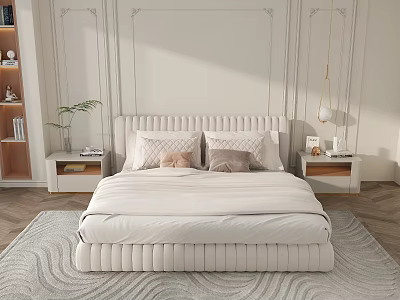 Modern Bedroom Featuring Upholstered Double Bed Pillows Nightstands Table Lamps And Area Rug 3d model