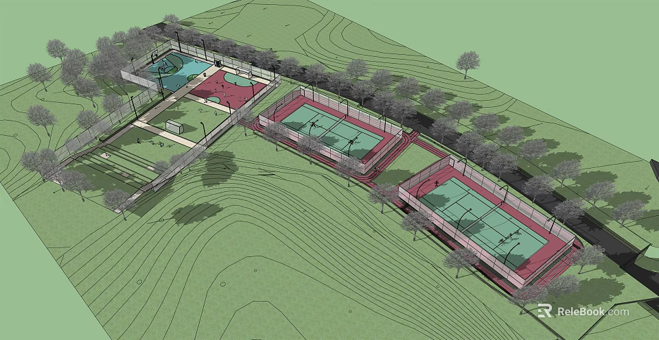 Park Landscape Featuring Multiple Sports Courts Green Lawns And Trees 3d model 