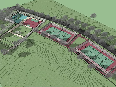 Park Landscape Featuring Multiple Sports Courts Green Lawns And Trees 3d model