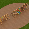 Outdoor Wooden Playground Equipment With Colorful Rings And Climbing Net Panels