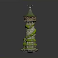 Medieval Stone Tower Structure With Green Conical Roof Ivy Vines And Balcony