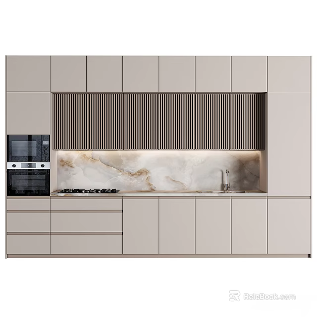 Modern Kitchen Interior With Slatted Range Hood Marble Countertop Cabinets And Built in Ovens 3d model 