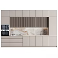 Modern Kitchen Interior With Slatted Range Hood Marble Countertop Cabinets And Built in Ovens