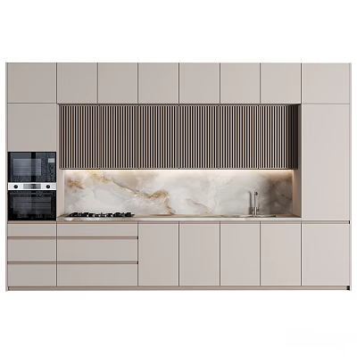 Modern Kitchen Interior With Slatted Range Hood Marble Countertop Cabinets And Built in Ovens 3d model