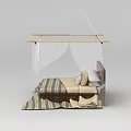 Elegant Bedroom Interior With Wicker Headboard Striped Bedspread And Canopy Frame 3d model