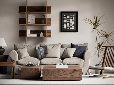 Cozy Living Room Sofa And Coffee Table Set With Throw Pillows Wooden Shelves And Plant 3d model