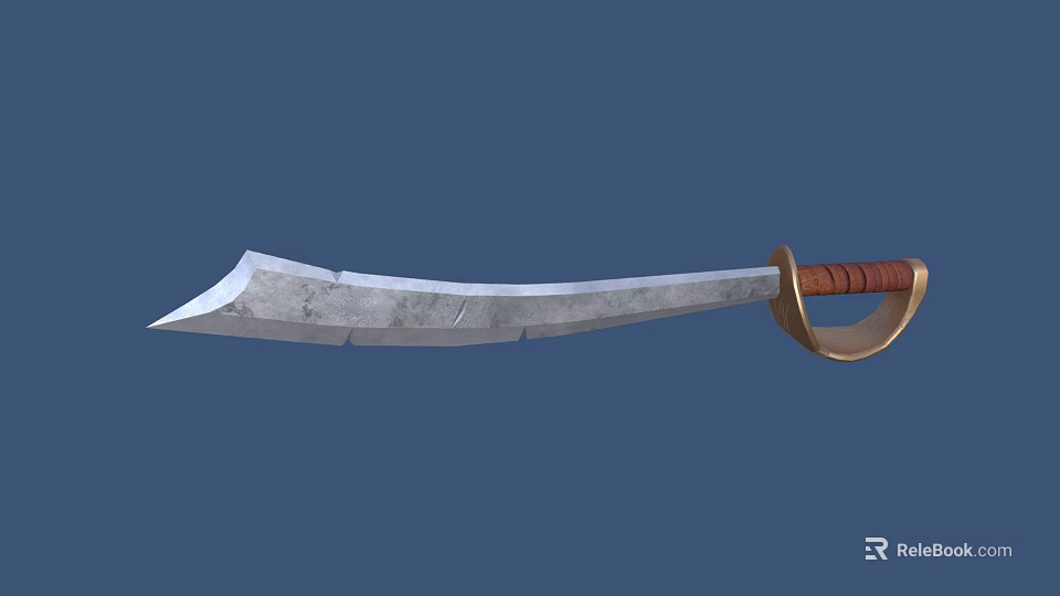 Curved Silver Blade Weapon With Brown Handle And Red Wrapping Design 3d model 
