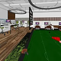 Modern Leisure Area With Billiard Table Comfy Sofa Green Plant And Floor to Ceiling Windows