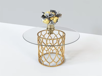 Gold Base Coffee Table With Transparent Glass Top And Vase With Yellow Gray Flowers 3d model