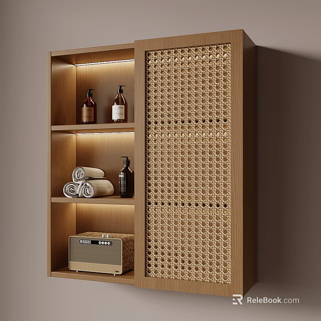Natural Rattan Panel Wooden Wall Mounted Bathroom Storage Shelf With Embedded Warm LED Lights 3d model 
