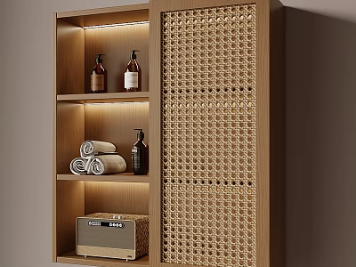 Natural Rattan Panel Wooden Wall Mounted Bathroom Storage Shelf With Embedded Warm LED Lights 3d model