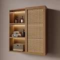 Natural Rattan Panel Wooden Wall Mounted Bathroom Storage Shelf With Embedded Warm LED Lights
