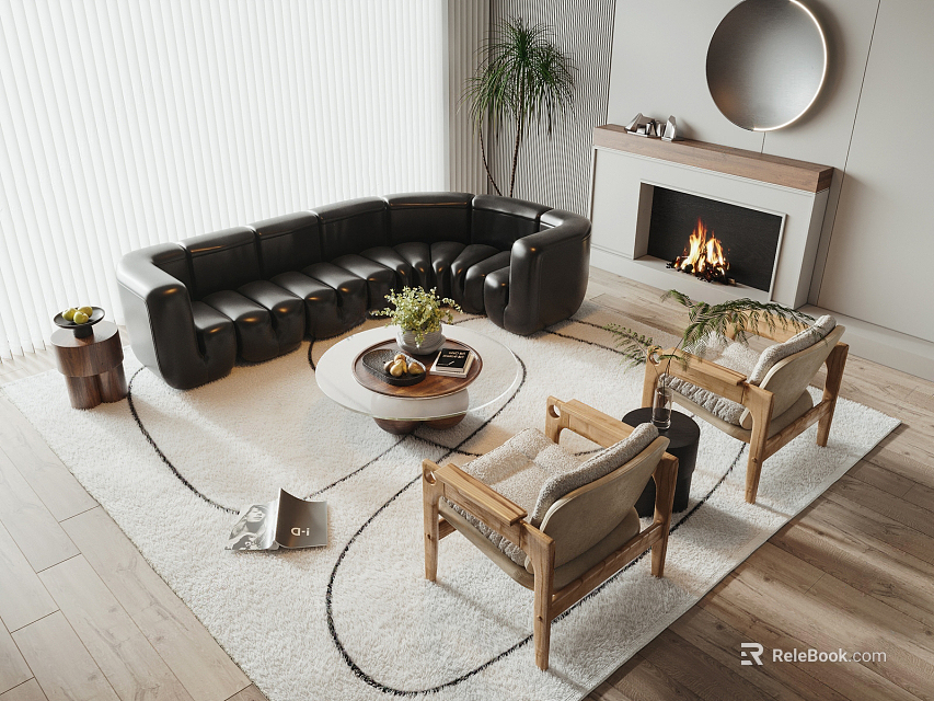 Modern Black Leather Sofa Round Coffee Table Set With Fireplace And Armchairs 3d model 