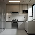 Modern Kitchen Interior With Wooden Cabinets Stainless Steel Refrigerator And Built-in Oven