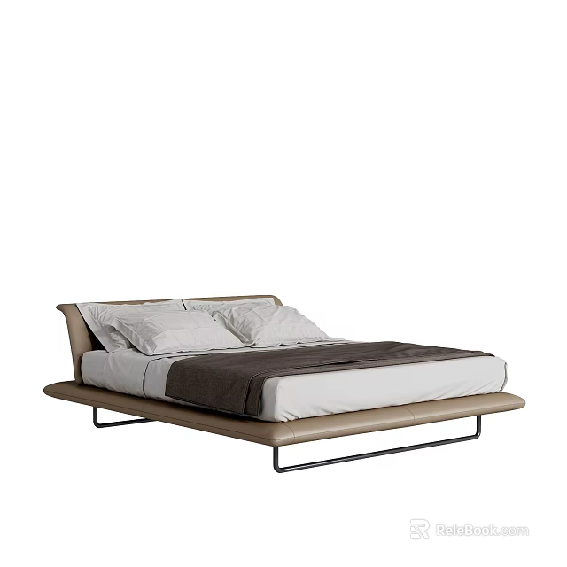 Modern Double Bed Featuring Leather Frame Low Headboard Metal Legs White Sheets And Dark Blanket 3d model 