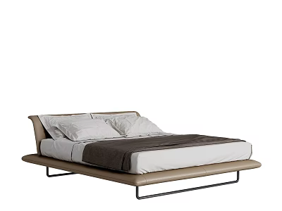 Modern Double Bed Featuring Leather Frame Low Headboard Metal Legs White Sheets And Dark Blanket 3d model