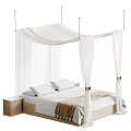 Double Bed with White Canopy Wooden Frame Two Nightstands White Pillows Beige Blanket Bow Decorations