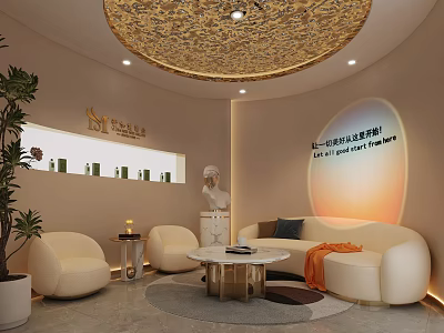Luxury Beauty Salon Interior With Cream Sofas Golden Ceiling Green Plants And Statue Decor 3d model