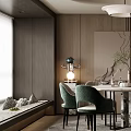 Modern Elegant Restaurant Interior Design With Round Table Green Chairs Marble Wall And Hanging Lamp