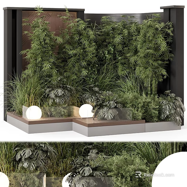 Green Plant Wall With Diverse Green Plants Round Lights And Gray Wooden Base 3d model 