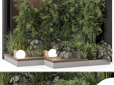 Green Plant Wall With Diverse Green Plants Round Lights And Gray Wooden Base 3d model
