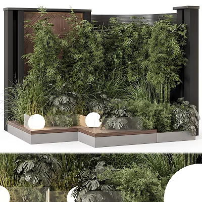 Green Plant Wall With Diverse Green Plants Round Lights And Gray Wooden Base 3d model