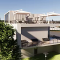 Modern Building Exterior View With Water Pool Flying Birds And Green Trees