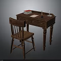 Traditional Wooden Desk And Chair With Stack Of Books Sheet Of Paper Candle And Candlestick