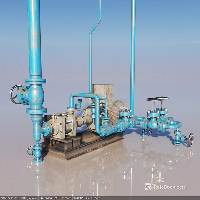 Heavy Duty Industrial Pipeline Equipment Featuring Blue Pipes Valves Pump And Motor 3d model 
