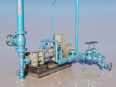 Heavy Duty Industrial Pipeline Equipment Featuring Blue Pipes Valves Pump And Motor 3d model