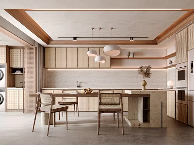Modern Restaurant Interior With Wooden Cabinets Marble Countertop And Pendant Lights 3d model
