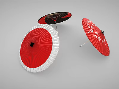 Traditional Japanese Umbrellas With Red White And Black Patterns And Designs 3d model