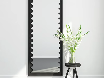 Black Scalloped Edge Mirror on White Wall with White Flowers Glass Vase and Small Stool 3d model