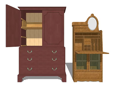 Vintage Wooden Wardrobes With Drawers Glass Cabinet Doors And Mirror Storage 3d model